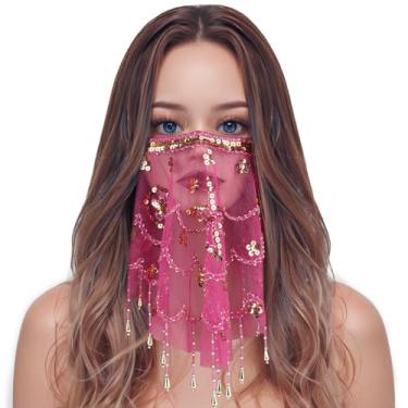 Imagem de COSICS Véu de rosto de dança do ventre, véu de rosto tribal de dança do ventre com lantejoulas para acessório de fantasia de Halloween, festa, vermelho rosa