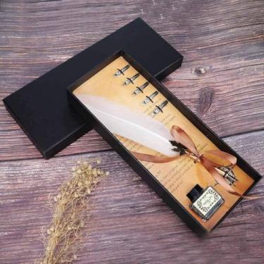 Imagem de Yctze Elegante Conjunto de Penas Vintage – Caneta de Pena de Tinta retrô Com Pontas de Aço Inoxidável e Caixa de Presente para Prática de Caligrafia e Entusiastas da Escrita (Branco)
