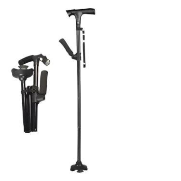 Imagem de Bengala Dobrável com Luz LED, Ajustável em Altura, Base Larga Antiderrapante, Design Compacto, Haste de Apoio Auxiliar para Idosos e Mobilidade Reduzida, Preta