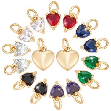 Imagem de PH PandaHall 16 pingentes de coração banhados a ouro 18k, 8 estilos de pingentes de zircônia cúbica, pingentes de strass de latão com anel de salto para brinco, pulseira, colar, gargantilha, joias