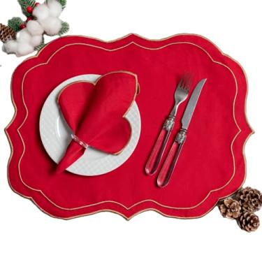 Imagem de Kit 12 Pçs 6 Lugares Mesa Posta Sousplat Jogo Americano Escócia Bordado (Jogo Americano + Guardanapo), Cor Vermelho