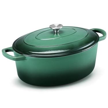 Imagem de E-far Panela de forno holandês oval de ferro fundido esmaltado de 7 litros com tampa, forno holandês antiaderente com alças duplas, panelas resistentes para assar pão de fermento, refogar, ensopados