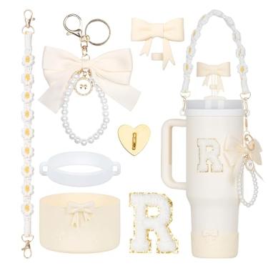 Imagem de Rabrgab Conjunto de acessórios para copo Stanley branco com 7 peças – topo de palha com laço, pingente de laço fofo, bota de silicone com design de laço, alça de alça de garrafa de água e adesivo de