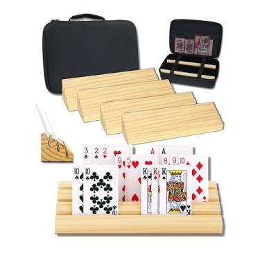 Imagem de DEZS Games 4X Card Holders for Playing Cards with Extra Case - 11" Long - Secure Hold - Extra Wide & Slanted Slots from Pine Wood - Hands Free Playing Card Holder for UNO, Bridge, Canasta
