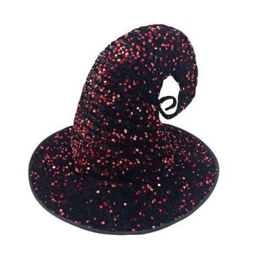 Imagem de Chapéu de bruxa, lantejoulas para Halloween, poliéster preto e vermelh