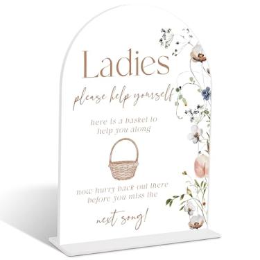 Imagem de Boho Floral Ladies Please Help Yourself Sign, Placa acrílica de arco, suprimentos de cesta de banheiro de casamento, decoração de mesa de chuveiro nupcial, decorações de festa de noivado, itens