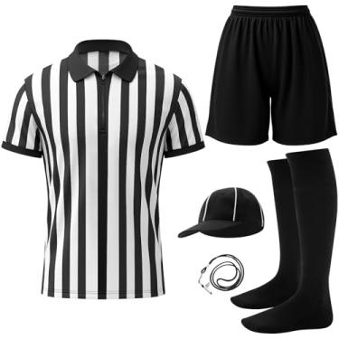 Imagem de Shyyween Conjunto de 6 peças de fantasia de árbitro oficial masculino preto e branco listrado camisa shorts e meias chapéu de árbitro apito bandeira de penalidade (grande)