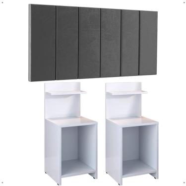 Imagem de Kit 2 Mesas Cabeceira Fantasy Branco Mesinha Organizadora Prateleira Painel Suspenso Cama Box Queen Size 1,60 Cinza Suede - Lojas RPM