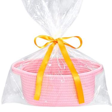 Imagem de Cesta de armazenamento pequena com saco de presente e fita, mini cesta, linda cesta de tecido de corda de algodão, cesta de prateleira, cesta decorativa boho, cesta de presente vazia