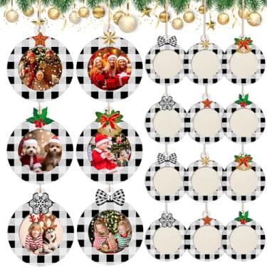 Imagem de Thyle 24 peças de enfeites de Natal com moldura xadrez de búfalo de madeira para decoração de festa de Natal (branco, preto)