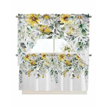 Imagem de Conjunto de 3 peças de cortina e saia de cozinha de eucalipto com flores, bolso para varão, verde sálvia, botânico, folha de margarida, 61 cm de comprimento, enfeite floral, decoração de janela
