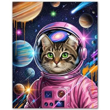 Imagem de ZUKIY Pôster de gato cósmico em órbita - Arte de parede de gato espacial 20 x 25 cm - Impressão colorida sem moldura para quarto de meninas, cafeteria ou escritório - Decoração peculiar de astronauta