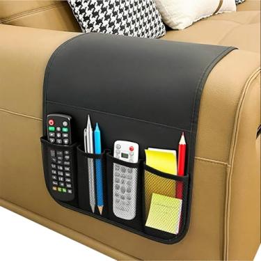 Imagem de IPENNY Organizador de apoio de braço de sofá de couro sintético antiderrapante, suporte de controle remoto, bolsa de armazenamento para sofá reclinável com 5 bolsos para tablet, revistas, telefone