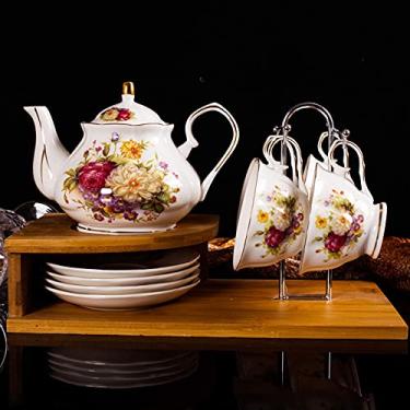Imagem de LMJYU Conjunto de chá floral vintage estilo tribunal para adultos Conjunto de chá de porcelana britânica Xícaras de chá e pires Conjunto de presente de café de porcelana chinesa com suporte de copo