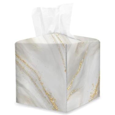 Imagem de Capa quadrada de caixa de lenços de mármore cinza dourado, suporte de caixa de lenços de cubo moderno, organizador de papel facial de couro para decoração de mesa para banheiro, casa, carro, mesa de
