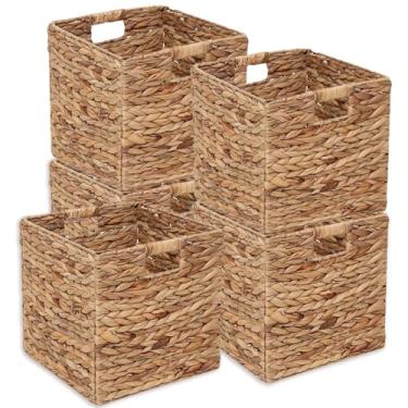 Imagem de Conjunto de 5 cestas de armazenamento de vime, cesta de jacinto de água para organização, sacolas de lavanderia tecidas à mão para lavanderia, sala de estar, quarto infantil e berçário