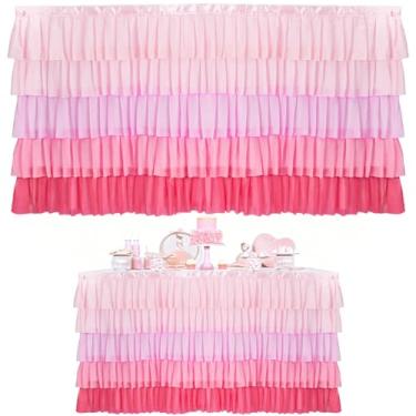 Imagem de AHANDMAKER Saia de mesa rosa de tule com 6 camadas de tule rosa gradiente tutu tule toalha de mesa de chiffon para mesa retangular, saia de mesa com babados, decorações de festa de aniversário