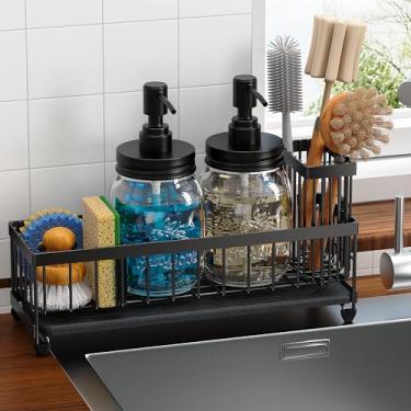 Imagem de Galasily Conjunto de dispensadores de sabão líquido Mason Jar com grande suporte de pia de cozinha, bomba de aço inoxidável à prova de ferrugem, refil de sabonete para as mãos, detergente líquido