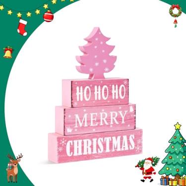 Imagem de 4 peças de decoração de bandeja de madeira de Natal, decoração de árvore de Natal rosa, presentes para casa, mesa de centro de mesa de inverno para festa de Natal, cozinha, escritório