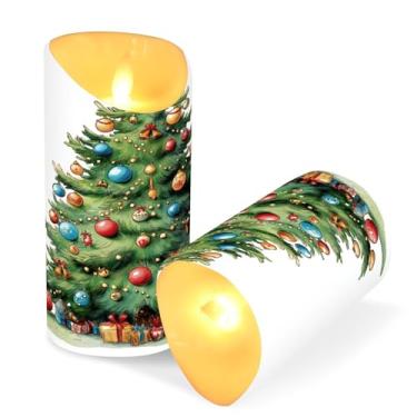 Imagem de ATTX Pacote com 2 velas de árvore de Natal em aquarela – 7,6 cm x 9,9 cm de LED com controle remoto e temporizador para casa, casamento, decoração de acampamento #488