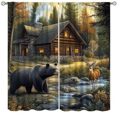 Imagem de Cortinas blecaute de urso, veado, vintage, floresta, caça, campo, vida selvagem, lago, montanhas, urso, cervo, animais, janelas, tratamentos, varão, bolso, cortinas para casa de fazenda, sala de estar