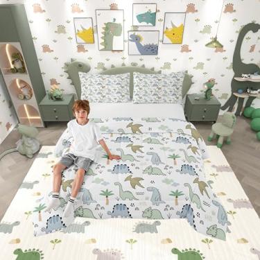 Imagem de Castle Fairy Conjunto de edredom infantil de dinossauro, fofo, desenho animado, para quarto de meninos e meninas, nuvem de aquarela, árvores da selva, edredom com estampa dupla face, 2 peças, 1 fronha