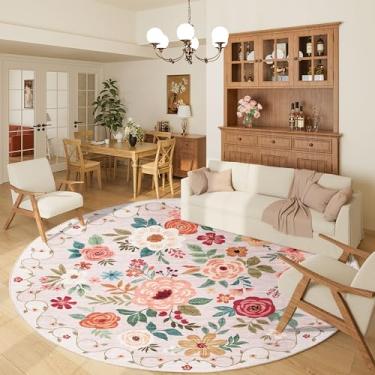 Imagem de DUKINO Tapete redondo floral, tapete circular lavável de 1,8 m, tapete circular antiderrapante para interior baixo, tapete macio com design boho pequeno para quarto, entrada, sala de estar, sala de