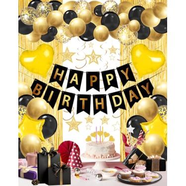 Imagem de Lutoys Decorações de festa de feliz aniversário em ouro preto, faixa de feliz aniversário, folha dourada preta coração estrela balões cortina pano de fundo redemoinhos pendurados decoração de festa