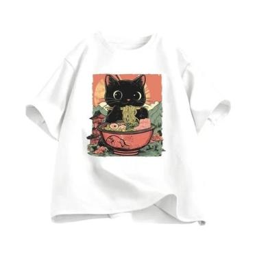 Imagem de Camiseta Casual Feminina Com Estampa De Gato Preto Ramen Harajuku De M
