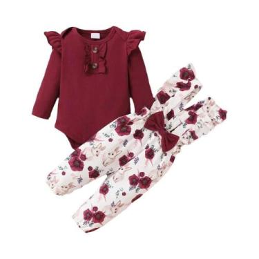 Imagem de Conjunto De Roupas Para Bebê Menina Com Body De Manga Longa Vermelho E