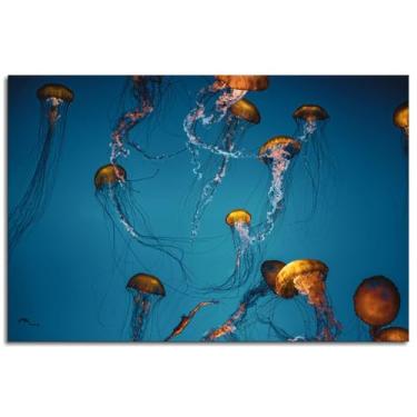 Imagem de Impressão em tela água-viva Aquário Blue Sea Poster Arte de parede para casa 1 peça Decorações não ramificadas 30,5 x 20,3 cm