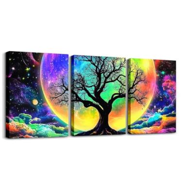 Imagem de jejeloiu 3 peças de arte de parede em tela emoldurada árvore da vida para sala de estar decoração de parede luz do norte para quarto escritório galáxia psicodélica imagens arte para quarto, pôsteres