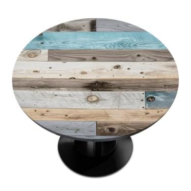 Imagem de Pardick Toalha de mesa redonda com estampa de madeira com capa de mesa elástica, toalha de mesa elástica redonda, toalha de mesa impermeável e limpável, serve para mesas de até 114 a 142 cm de