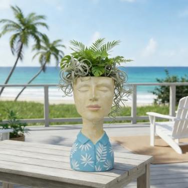 Imagem de DiliComing Vaso para rosto - Vaso de cabeça de menino azul de resina para plantas internas e externas, vaso de flores decorativo para jardim, casa, escritório, busto, escultura, suporte de plantas, 12