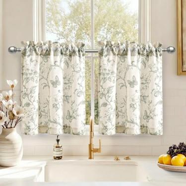 Imagem de DWCN Cortinas de cozinha de linho 91 cm de comprimento, cortinas florais pequenas para sala de estar, banheiro, café, janela pequena, bolso para varão de fazenda, 2 painéis, verde em bege, L 106 x C