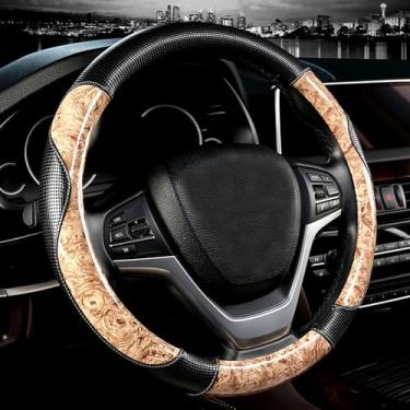 Imagem de Capa para volante D-CC Four Seasons grão de madeira 38 cm estilo clássico universal antiderrapante durável protetor de roda de carro acessórios interiores (bege)