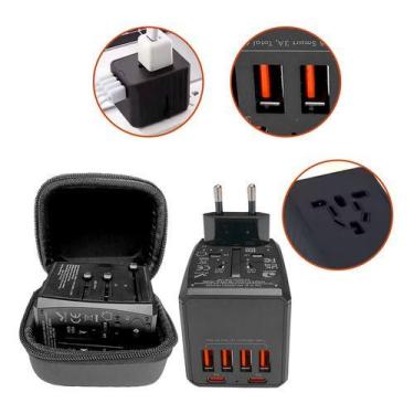 Imagem de Adaptador Universal Tomada Plug Padrão Com 4 Usb E 2 Usb-c - Genérico