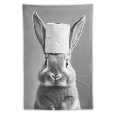 Imagem de Tapeçaria de chapéu de papel higiênico de coelho impressão artística preta branca para quarto sala de estar dormitório decoração de casa com adorável design de animal pequeno Tapeçaria 102 x 152 cm