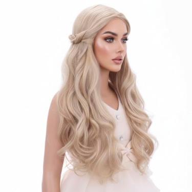 Imagem de PATTNIUM Peruca infantil loira infantil longa ondulada para crianças, cabelo sintético resistente ao calor, fantasia de cosplay (loira)