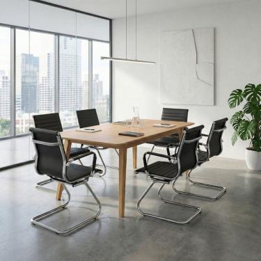Imagem de Conjunto Mesa de Reunião Retangular e 6 Cadeiras Fixa Esteirinha Sintético Espresso Móveis Freijo / Preto
