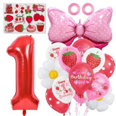 Imagem de Conjunto de balões Sweet Strawberry Theme Foil Number 1 x14 - yiweisai