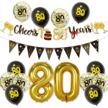 Imagem de Kit de balões para 80º aniversário, dourado e preto, número 12 unidade