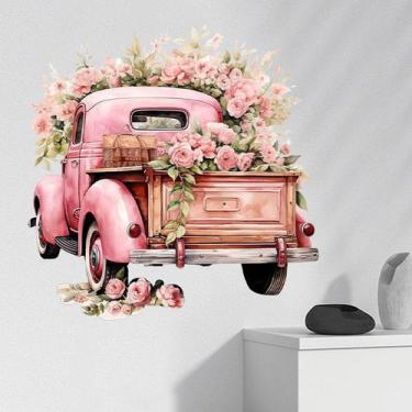 Imagem de Adesivos de parede Pink Truck with Roses Romantic Vehicle PVC - Yiweis