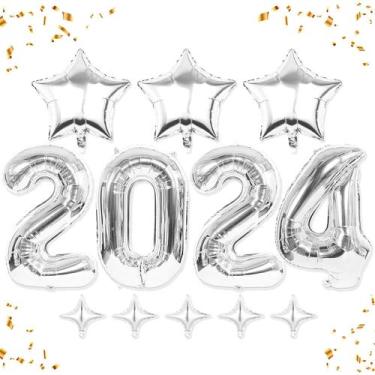 Imagem de Balões de festa HiParty, 12 unidades, 2024 números, prata com estrelas