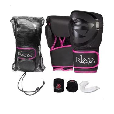 Imagem de Kit luva de Boxe Muay Thai Naja Black + Bandagem + Protetor Bucal - Preto - 14-Unissex