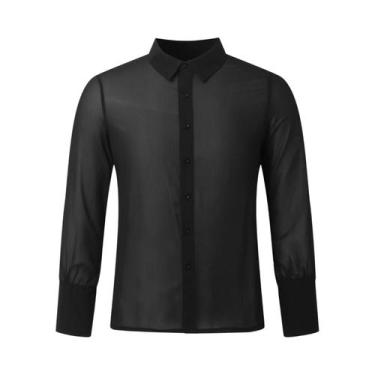 Imagem de Camisa Vintage Masculina De Manga Longa Em Malha, Cor Sólida, Com Botõ