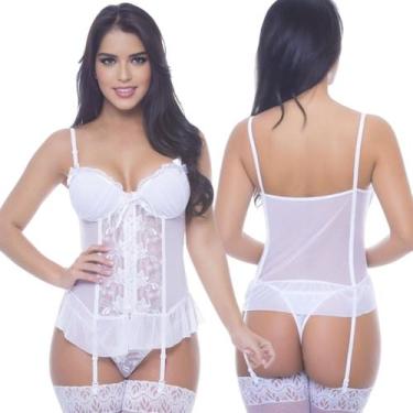 Imagem de Espartilho Branco Bordado Em Tule e Renda Com Bojo Zíper Completo Ling