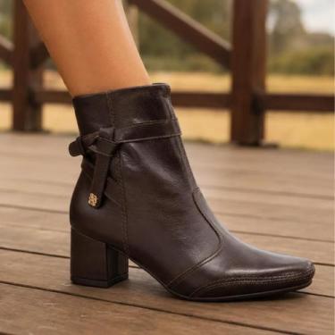 Imagem de Bota Ramarim Feminina Original Couro Legítimo Salto Bloco, Marrom, 34