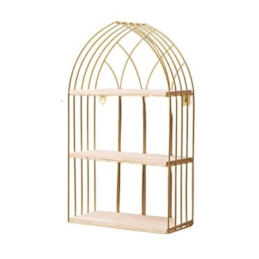 Imagem de Ruweistar Prateleiras flutuantes montadas na parede, prateleira de armazenamento de parede para banheiro, quarto, cozinha, sala de estar, escritório, prateleiras de tubos industriais, prateleiras flutuantes de metal e madeira rústica, três camadas de dourado-L
