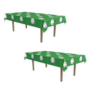 Imagem de Beistle Capas de mesa retangulares de plástico 2 peças decorações esportivas artigos de festa de beisebol, 137 x 274 cm, verde/branco/vermelho/preto